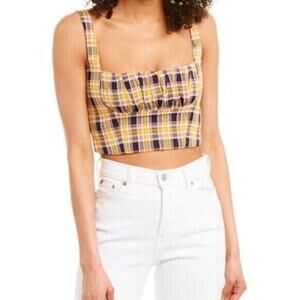 Capulet Dixon Plaid Crop Top Yellow Mustard S Square Neck Smocked Academia